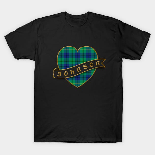 The JOHNSON Family Tartan Heart & Ribbon Retro-Style Family Insignia T-Shirt by Plaidify